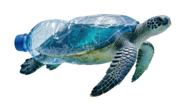 Sea turtle trapped inside a clear plastic water bottle, isolated on transparent background