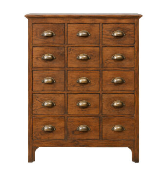 Vintage wooden apothecary cabinet with multiple small drawers and antique brass cup handles, isolated on a white background