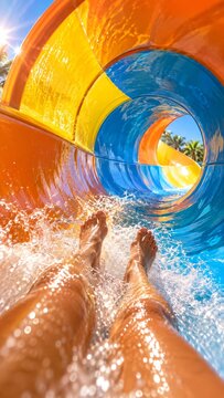 Rider sliding feet first through a colorful water slide with rushing water. Water park attraction and summer recreation. Aquatic leisure and family entertainment. Thrill ride adventure.