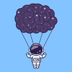 Cartoon astronaut floating with a starry brain shaped parachute © Sumon 