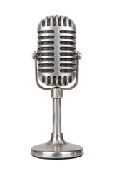 Classic silver vintage microphone with a sturdy stand is centered against a clean white background, highlighting its retro design © no one