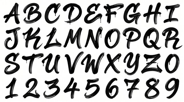Expressive handwritten style alphabet and number set with a distinct brush stroke and dripping effect