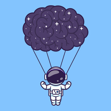 Cartoon astronaut floating with a starry brain shaped parachute