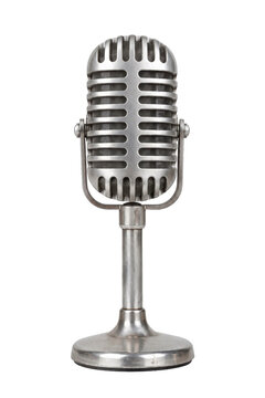 Classic silver vintage microphone with a sturdy stand is centered against a clean white background, highlighting its retro design