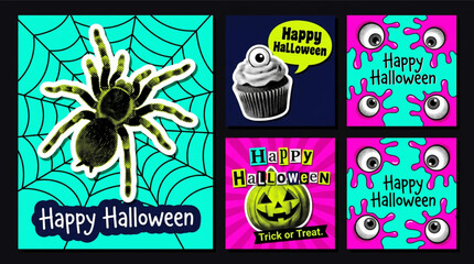 Fototapeta premium Neon pink Halloween vector banner set featuring bright magenta slime and retro halftone icons on a dark matte background.