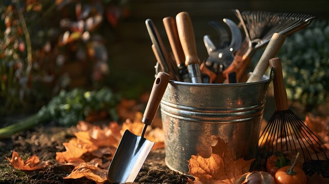 Gardening tools in a metal bucket with autumn leaves and a shovel on the ground outdoors
