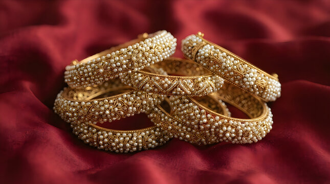 Beautiful set of traditional gold bangles with intricate carvings and small green stones placed on a dark red fabric background for a luxury jewelry concept