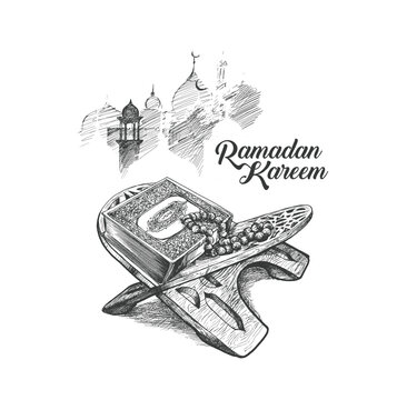 Eid Mubarak The Holy Book of the Quran on the Stand with Ramadan Kareem Text.