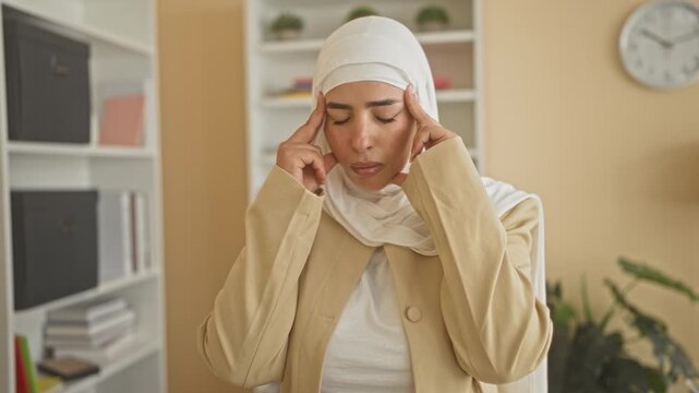 Young woman in white hijab and beige blazer pressing temples with fingers in office building beside bookshelf and wall clock; stress.