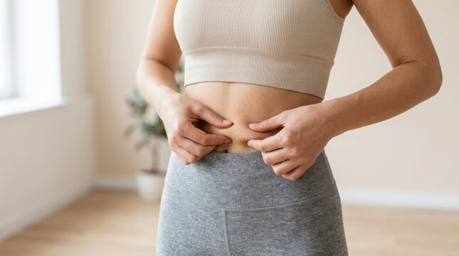 Woman pinching skin on her belly wearing crop and grey leggings in bright room generated using ai