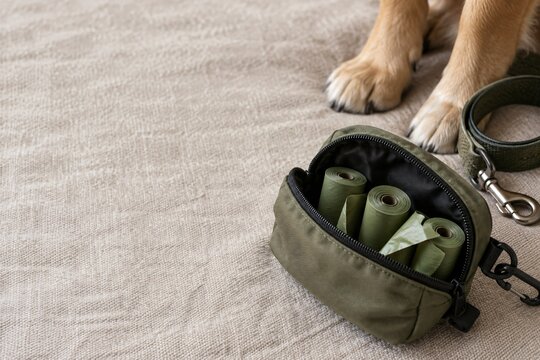 Dog paws beside an open pouch of rolled waste bags and leash on neutral fabric. Dog walking essentials for pet care. Responsible pet ownership and cleanup supplies. Companion animal care.