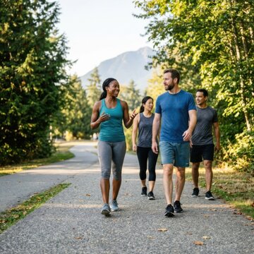 Diverse Group of Friends Enjoying a Healthy Outdoor Walk in a Scenic Park Setting