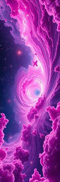 Cosmic vortex with swirling pink gas and stars, gravitational pull, cosmic dance