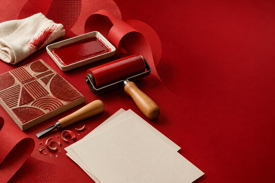 Artisan Printmaking Tools with Tactile Paper Curls on Red