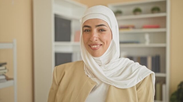 Woman in white hijab smiles at camera with hand near scarf and shoulder in studio; confidence professionalism.