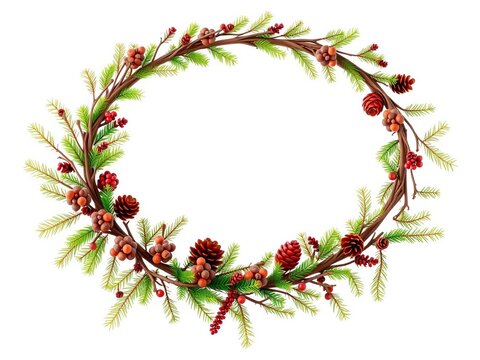 Festive wreath of vines with thuja branches and cones, || rustic, holiday
