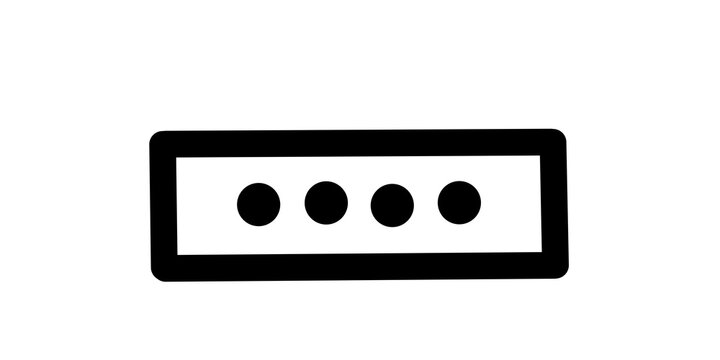 Password input box vector icon featuring black frame with four circular characters.