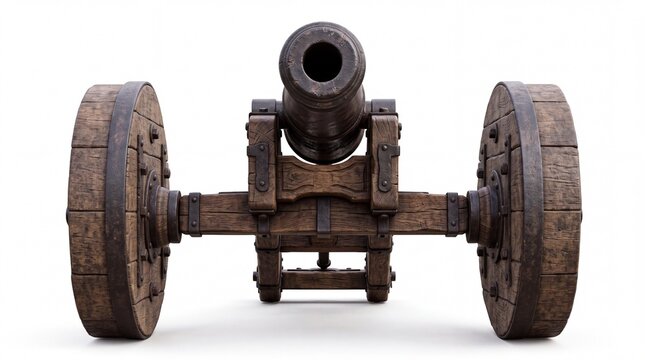 Vintage heavy artillery weapon made of dark wood and iron standing on white background
