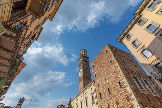 historic Torre dei Lamberti rising above Piazza delle Erbe in Verona