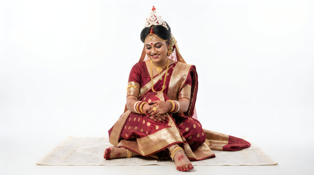Beautiful young indian woman wearing traditional purple saree jewelry and tiara sitting on the floor with a graceful pose looking down with a shy smile during a wedding ceremony celebration