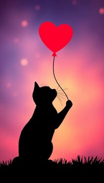 Silhouette of whimsical cat with heart balloon floating above, white, playful