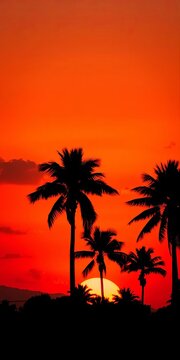 Silhouetted palm trees against vibrant orange-red sunset sky, with soft clouds scattered across the horizon, natural, landscape