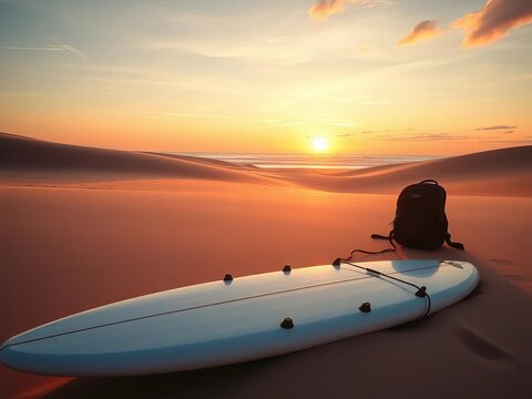 Surfboard lies parallel to the shore, backpack nearby, warm sunset hues dancing across the sandy dunes, outdoors, peaceful