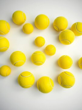 Tennis balls scattered evenly across a crisp white surface, ||white, balls