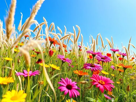 Vibrant colors of summer flowers and grasses swaying gently in the breeze under a brilliant blue sky, breeze, colorful