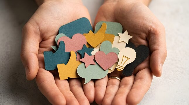 Close up of hands holding colorful social media icons including hearts and stars representing online feedback and community engagement concepts
