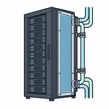 Rear door heat exchanger attached to a server rack with coolant piping
