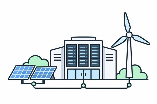 Data center powered by solar panels and a wind turbine for clean energy