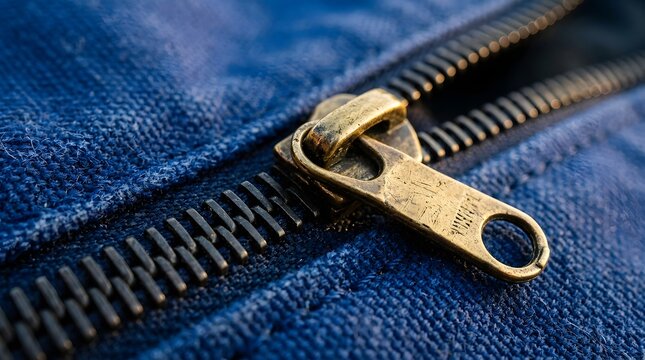 Close-up of brass zipper pull on blue fabric with black metal teeth