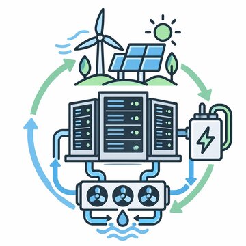 Circular workflow connecting AI servers power liquid cooling and renewable energy
