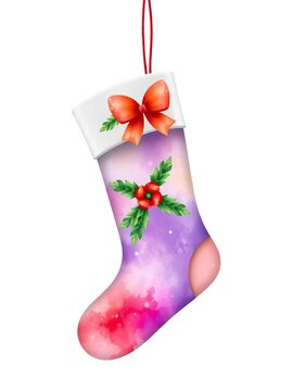 Watercolor Christmas stocking with purple coquette design, season, holiday