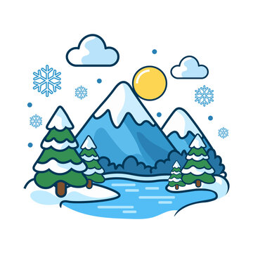 Winter Landscape Illustration Featuring River, Snowy Mountains, Pine Trees, Clouds, and Snowflakes Vector Design Element