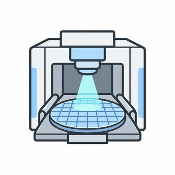 Photolithography exposure machine processing a silicon wafer with focused light