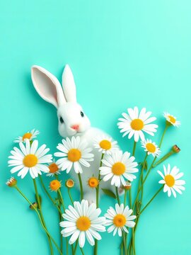 Whimsical white rabbit daisies on teal background, ||whimsy, garden