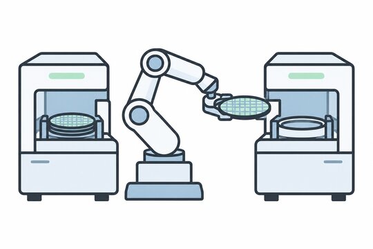Robotic arm transferring silicon wafers between automated cleanroom machines