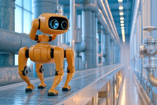 Quadruped inspection robot walking on platform in high tech factory