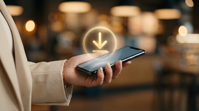 Woman holding smartphone with glowing download icon in cafe bokeh