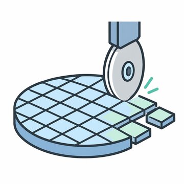 Precision dicing blade cutting a finished semiconductor wafer into square dies