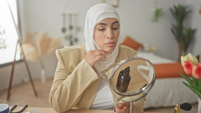 Young woman in hijab applies skincare cream to cheek while examining her face in a tabletop mirror in a building; self care calm.
