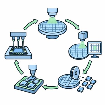 Circular workflow showing wafer processing inspection dicing packaging and testing