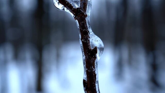 Water droplet sliding down ice encased twig macro