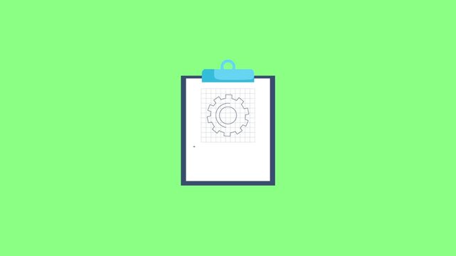 Flat vector animated clipboard holding a blueprint paper with a grid and a gear schematic against a green screen background