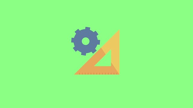 Flat vector animated blue gear intersecting with a technical yellow triangle ruler against a green screen background