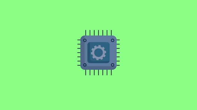 Flat vector animated computer processor chip (CPU) featuring a center gear icon and connection pins against a green screen background