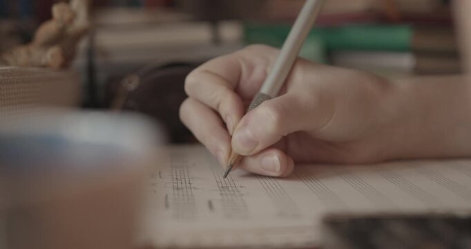 Cinematic close-up of a hand writing music notes on a sheet with a pencil, music education concept