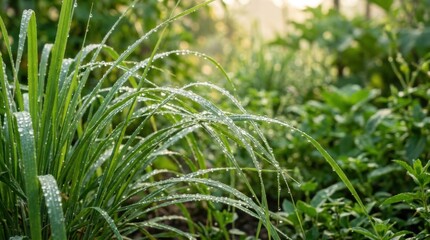 Fototapeta premium Dew drops on lush green grass blades early morning light natural garden background freshness and growth concept